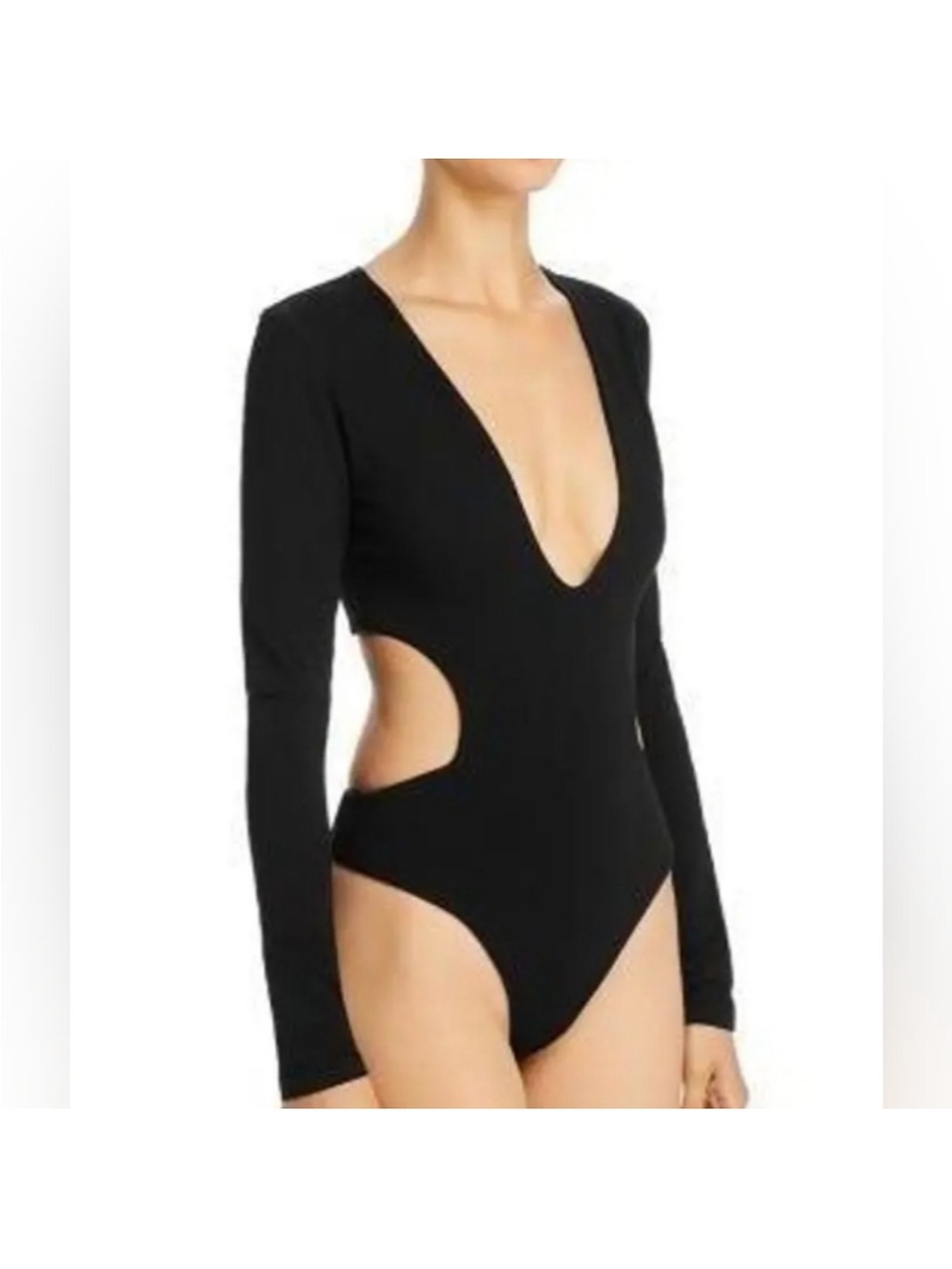 Tiger Mist Black Long Sleeve V-Plunge Cutout Bodysuit